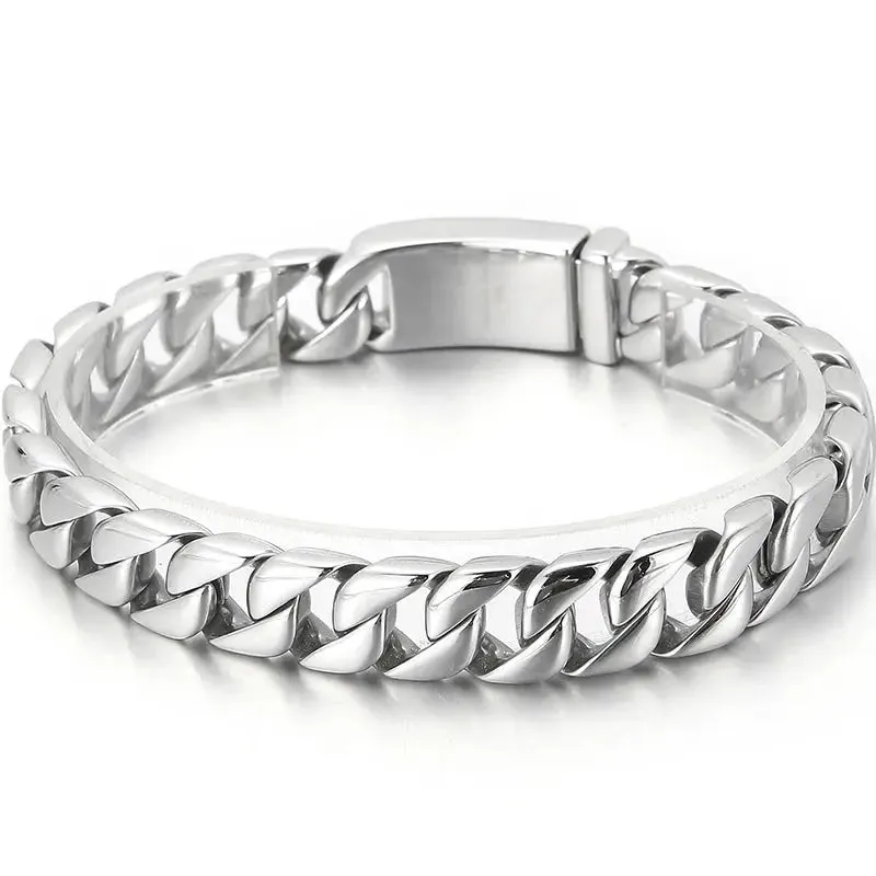 12MM Curb Chain On Hand Jewellery Polished Brushed 316L Stainless Steel Man Bracelet For Men Classic Men's Bracelets Male Strap