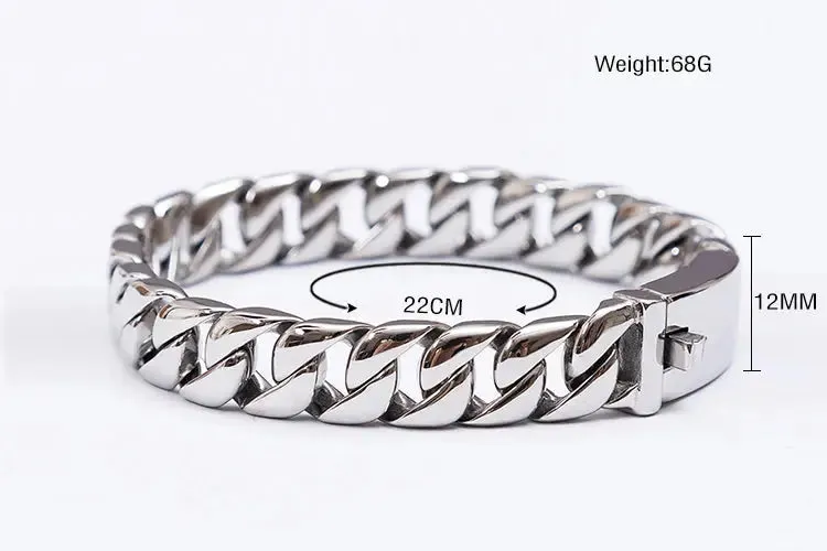 12MM Curb Chain On Hand Jewellery Polished Brushed 316L Stainless Steel Man Bracelet For Men Classic Men's Bracelets Male Strap