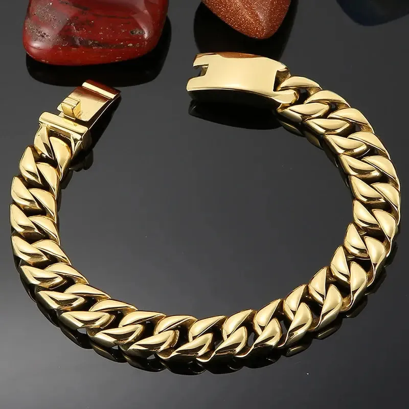 12MM Curb Chain On Hand Jewellery Polished Brushed 316L Stainless Steel Man Bracelet For Men Classic Men's Bracelets Male Strap