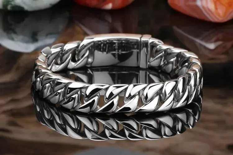 12MM Curb Chain On Hand Jewellery Polished Brushed 316L Stainless Steel Man Bracelet For Men Classic Men's Bracelets Male Strap