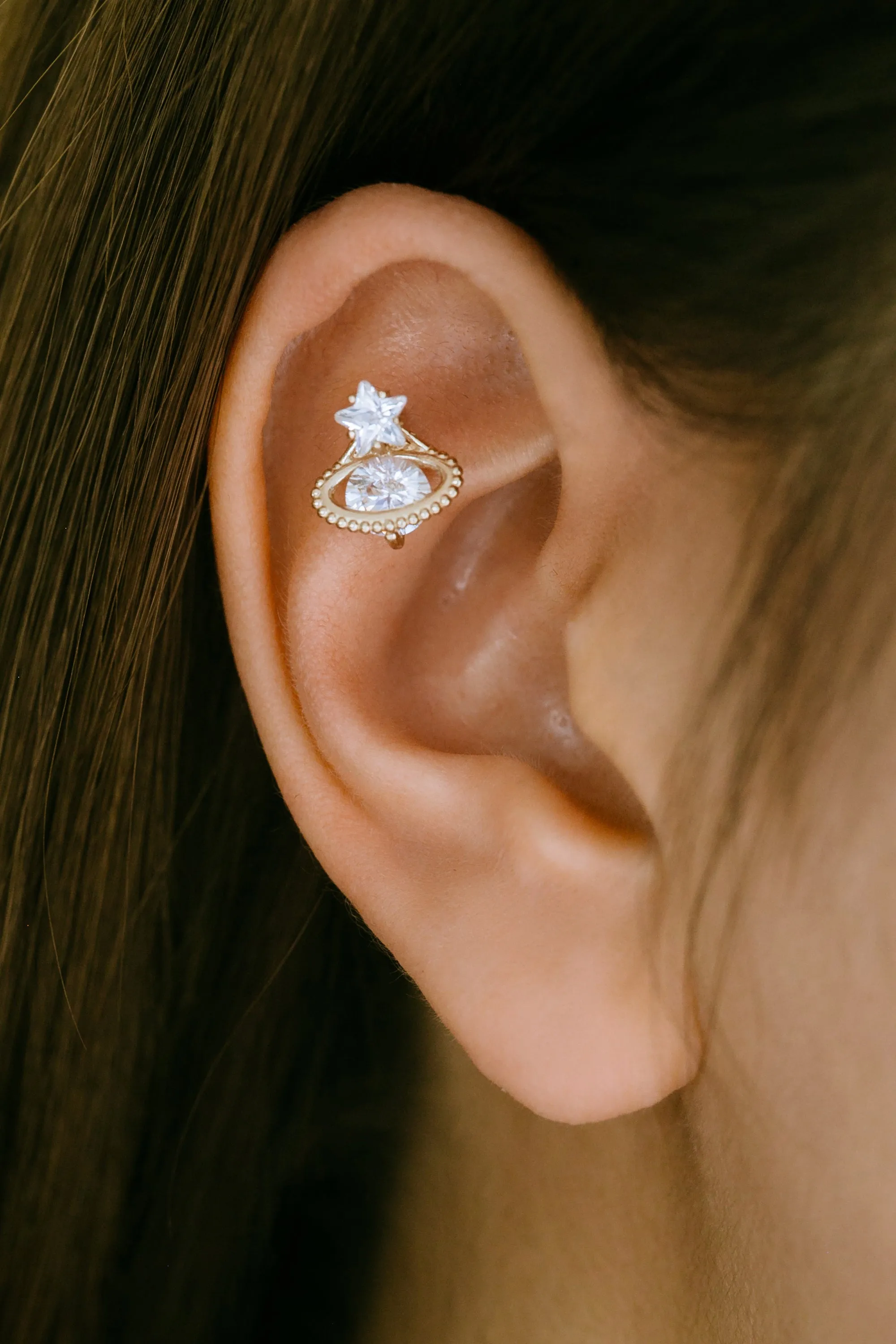 14K Real Gold Minimalist Cz Star ViVian Saturn Forward Helix Cartilage Tragus Inner Conch Ear Stud Post Internally Threaded Earring Labret Jewelry
