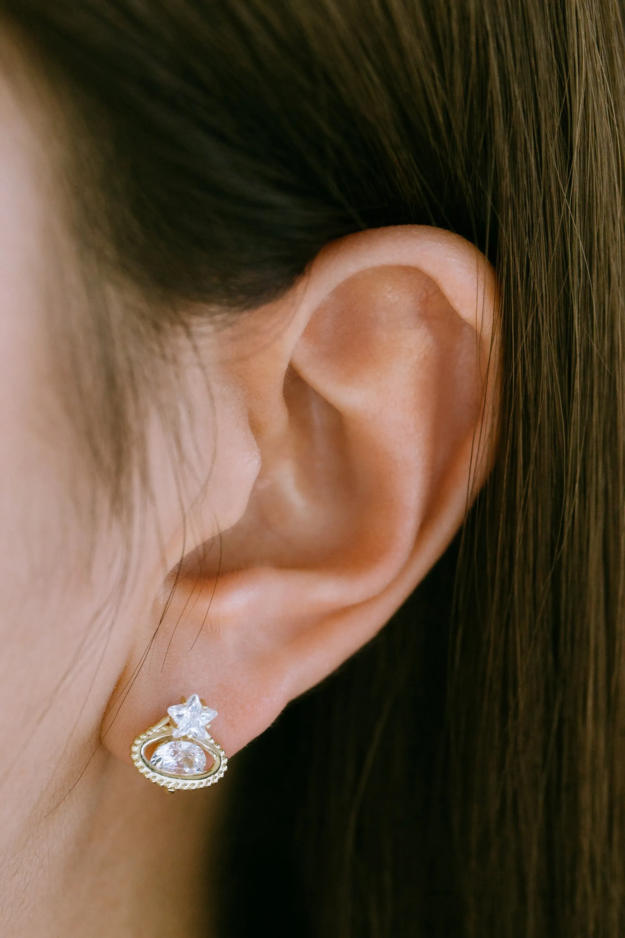 14K Real Gold Minimalist Cz Star ViVian Saturn Forward Helix Cartilage Tragus Inner Conch Ear Stud Post Internally Threaded Earring Labret Jewelry