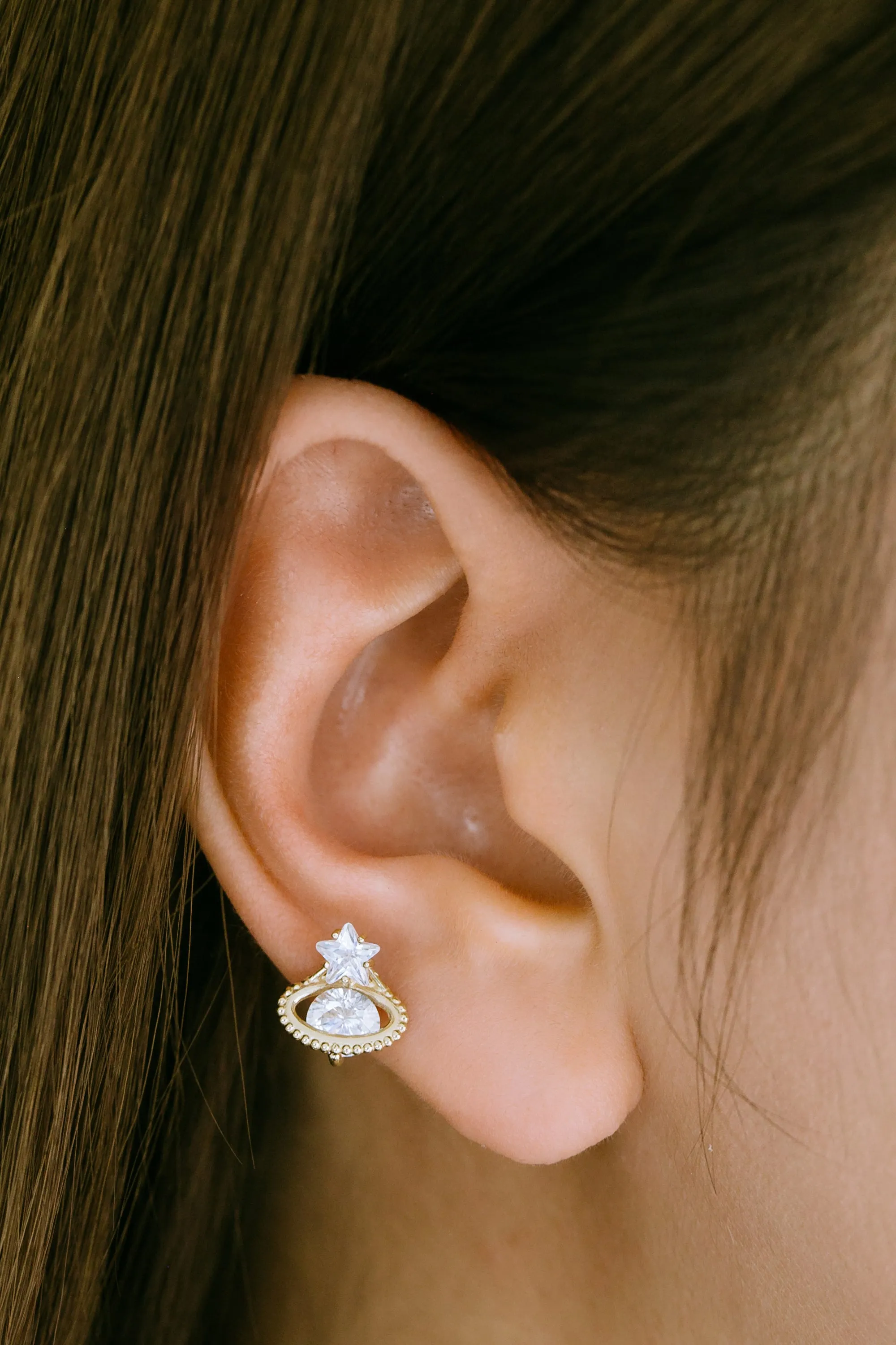 14K Real Gold Minimalist Cz Star ViVian Saturn Forward Helix Cartilage Tragus Inner Conch Ear Stud Post Internally Threaded Earring Labret Jewelry