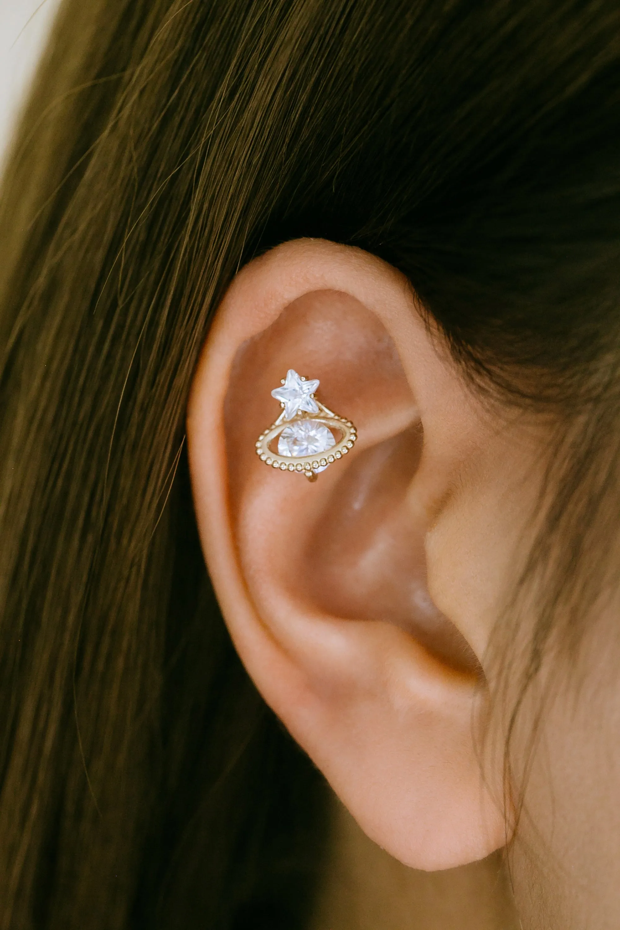 14K Real Gold Minimalist Cz Star ViVian Saturn Forward Helix Cartilage Tragus Inner Conch Ear Stud Post Internally Threaded Earring Labret Jewelry