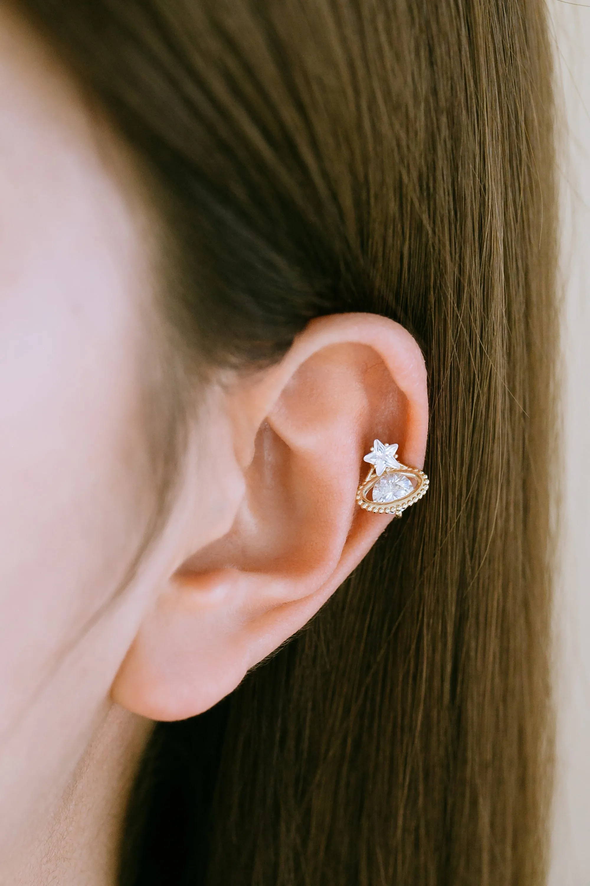 14K Real Gold Minimalist Cz Star ViVian Saturn Forward Helix Cartilage Tragus Inner Conch Ear Stud Post Internally Threaded Earring Labret Jewelry