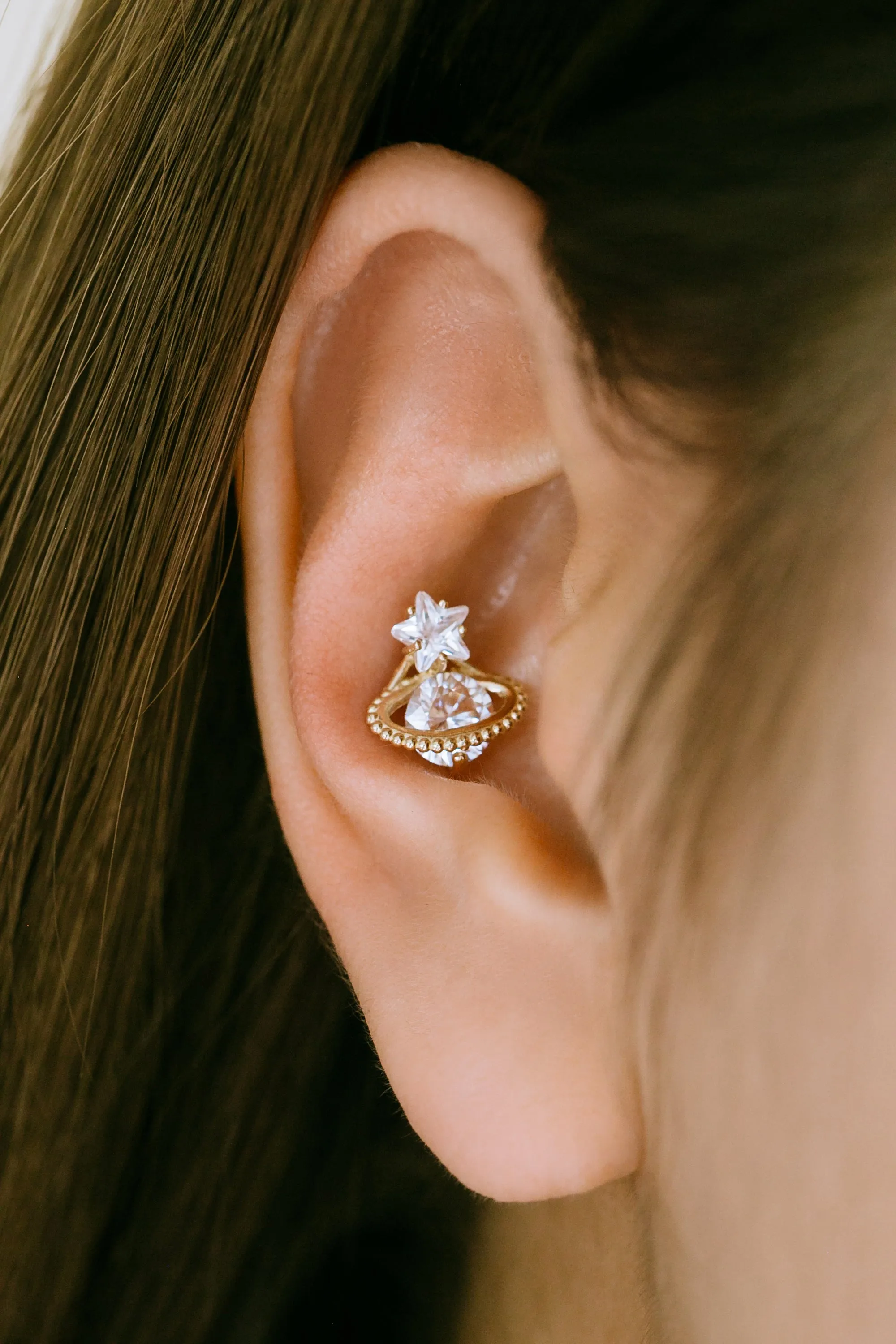 14K Real Gold Minimalist Cz Star ViVian Saturn Forward Helix Cartilage Tragus Inner Conch Ear Stud Post Internally Threaded Earring Labret Jewelry