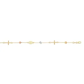 14K Tri-color Gold Polished Cube & Cross Bracelet