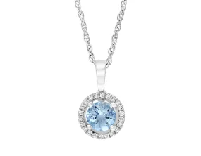 14K White Gold 0.52ctw Round Aquamarine & Diamond Halo Necklace