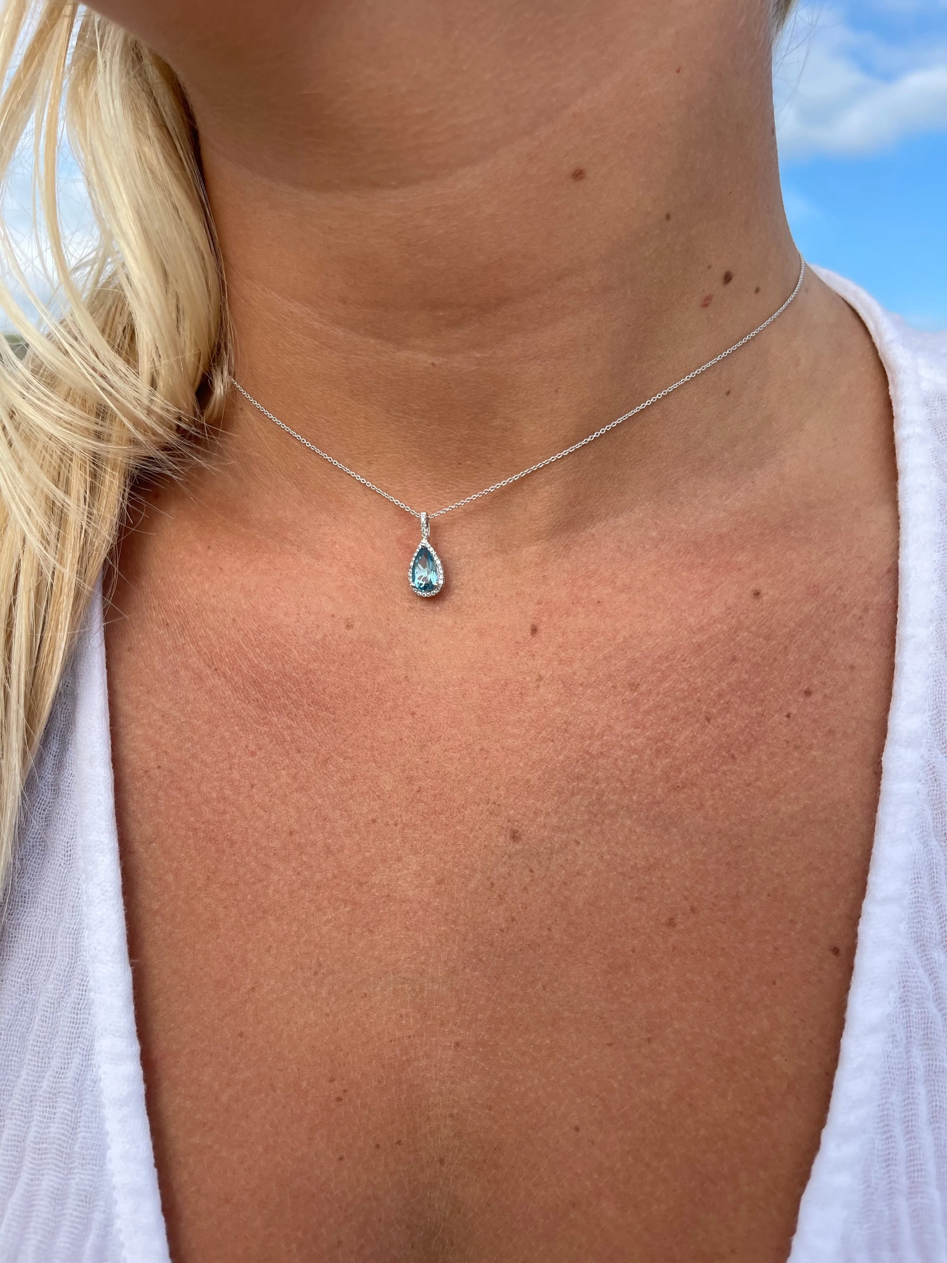 14K White Gold Blue Topaz and Diamond Necklace