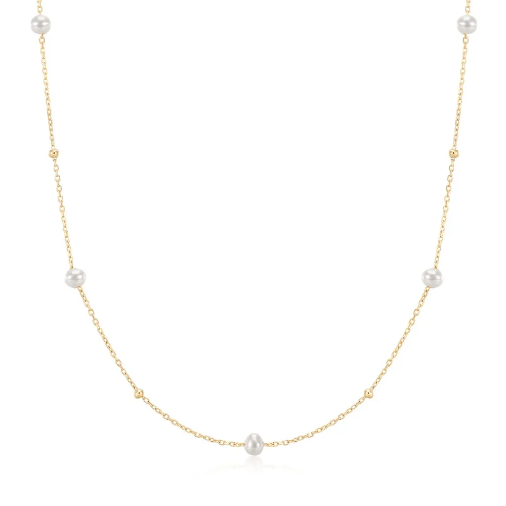 14K Yellow Gold Alternating Bead & Pearl Station Necklace by Aurelie Gi