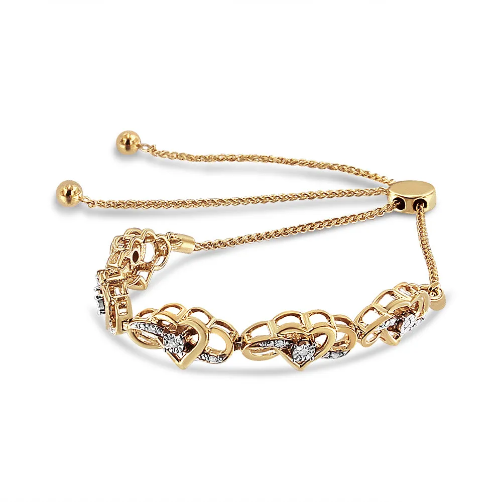 14K Yellow Gold Plated .925 Sterling Silver 1/10 Cttw Diamond Infinity Heart Shaped 4”-10” Adjustable Bolo Bracelet