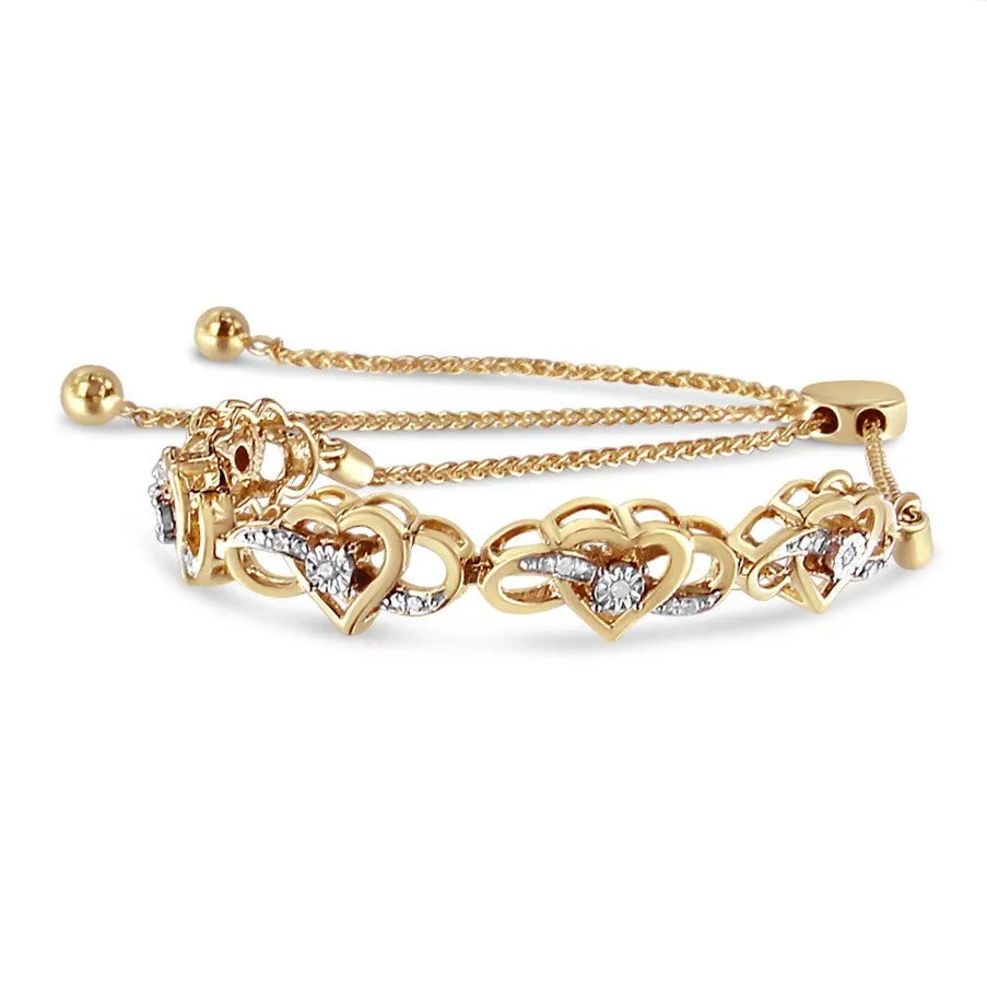 14K Yellow Gold Plated .925 Sterling Silver 1/10 Cttw Diamond Infinity Heart Shaped 4”-10” Adjustable Bolo Bracelet