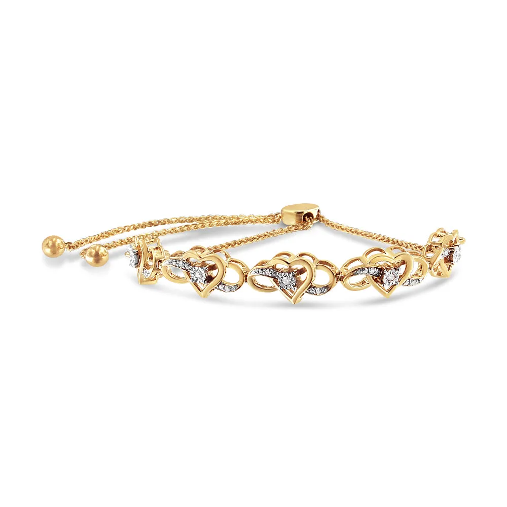 14K Yellow Gold Plated .925 Sterling Silver 1/10 Cttw Diamond Infinity Heart Shaped 4”-10” Adjustable Bolo Bracelet