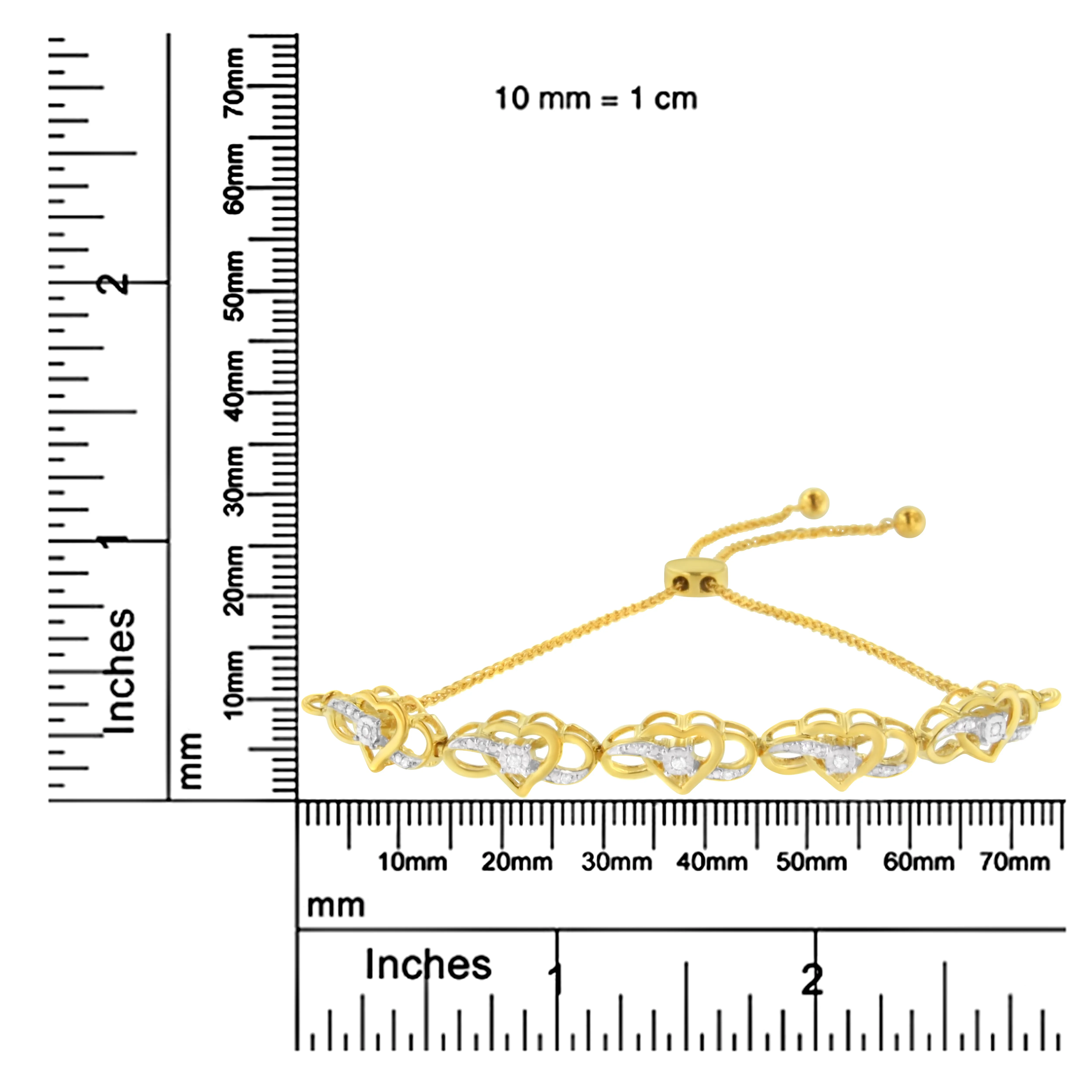 14K Yellow Gold Plated .925 Sterling Silver 1/10 Cttw Diamond Infinity Heart Shaped 4”-10” Adjustable Bolo Bracelet