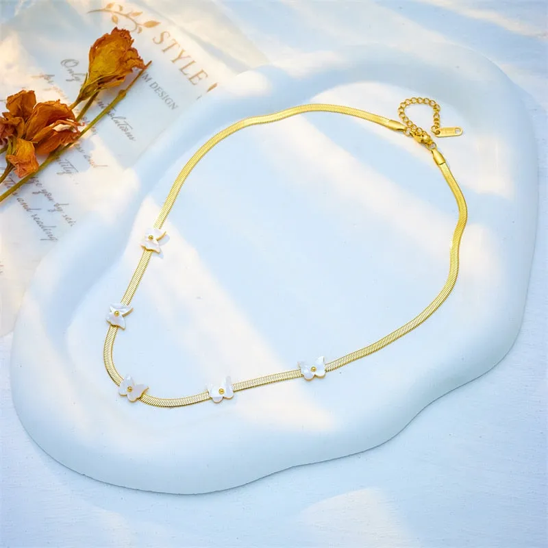 316L Stainless Steel Butterfly Flower Short Necklace For Women