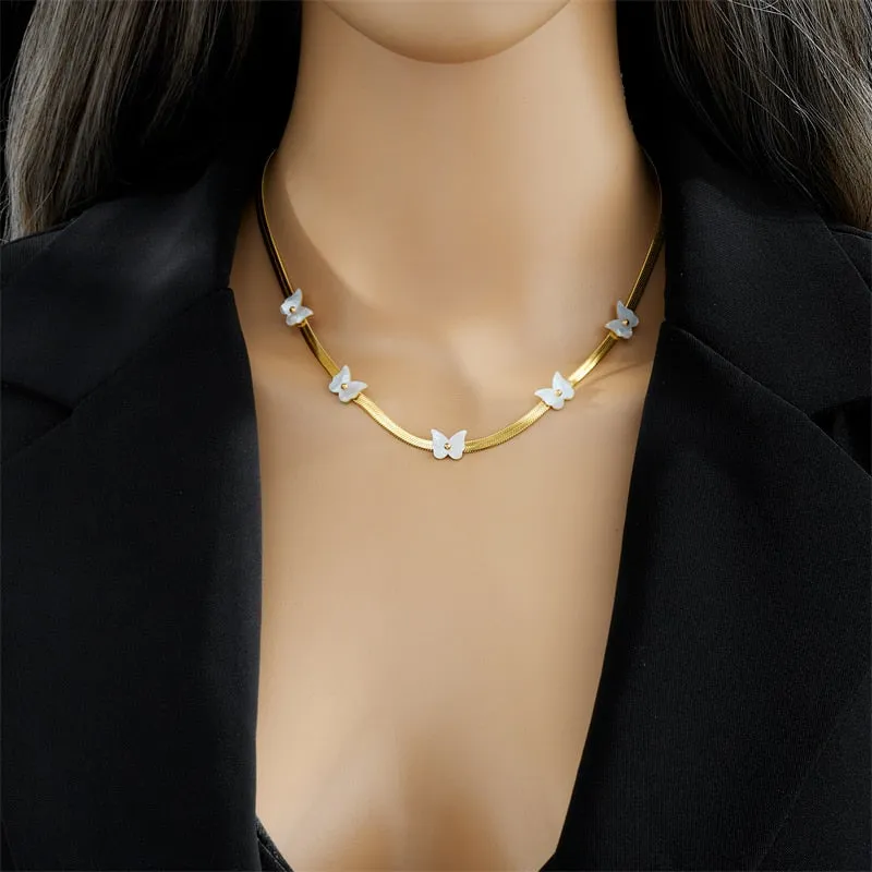 316L Stainless Steel Butterfly Flower Short Necklace For Women