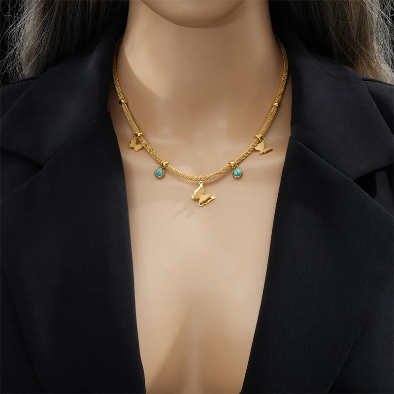 316L Stainless Steel Butterfly Green Stone Pendant Necklace For Women