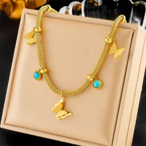 316L Stainless Steel Butterfly Green Stone Pendant Necklace For Women