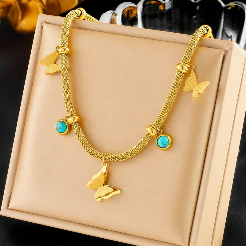 316L Stainless Steel Butterfly Green Stone Pendant Necklace For Women
