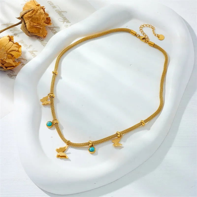 316L Stainless Steel Butterfly Green Stone Pendant Necklace For Women