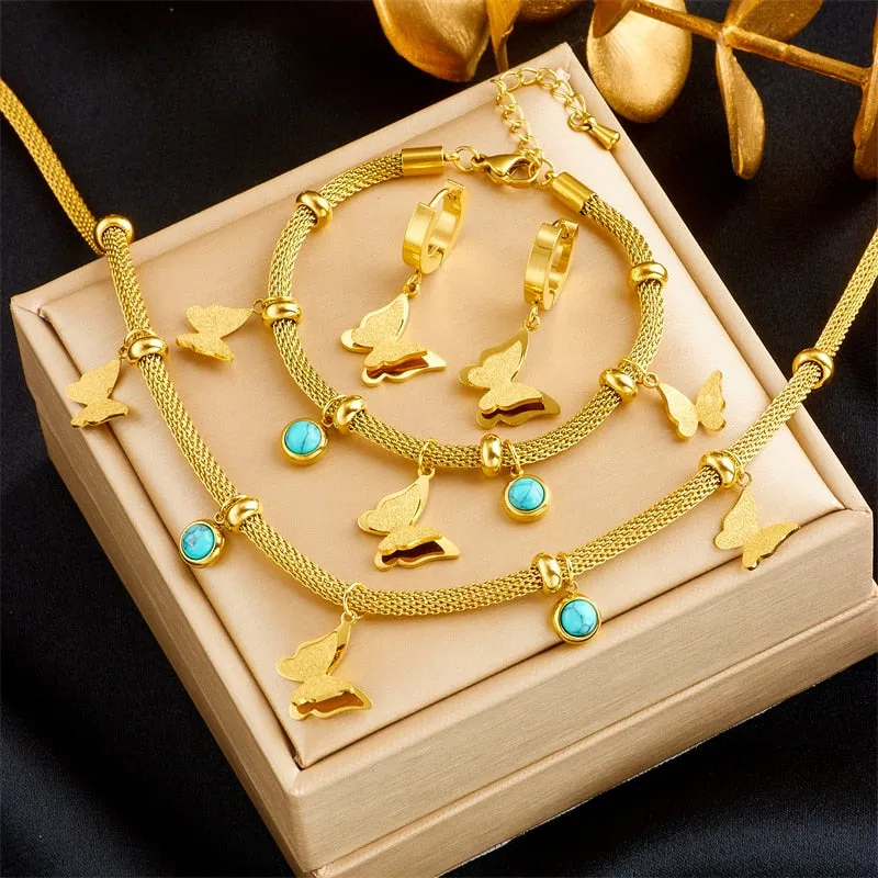 316L Stainless Steel Butterfly Green Stone Pendant Necklace For Women