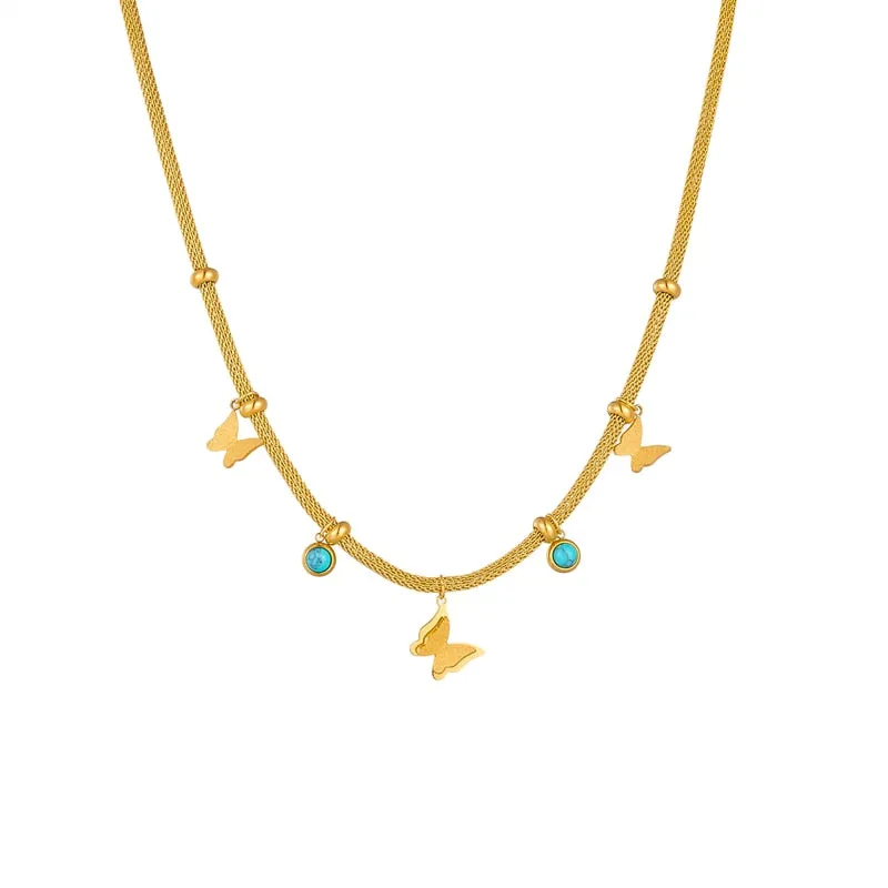316L Stainless Steel Butterfly Green Stone Pendant Necklace For Women