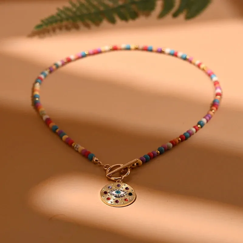 4mm Colorful Stone Choker Necklace for Women Round Evil Charm Pendant Necklace Fashion New Daily Jewelry