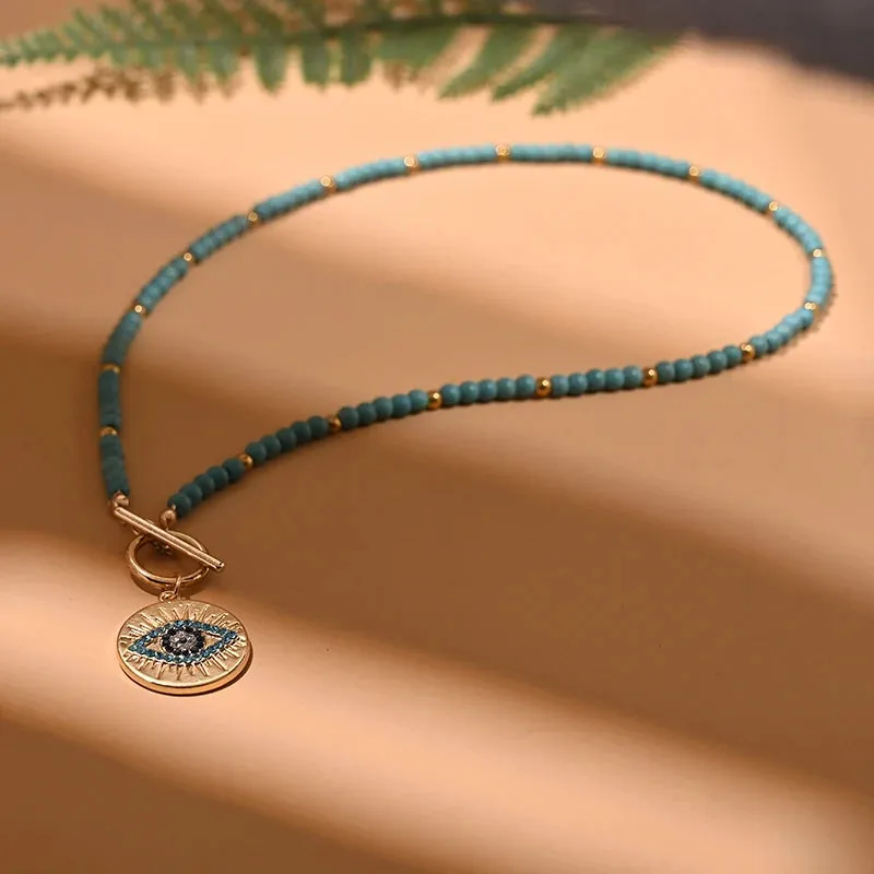 4mm Colorful Stone Choker Necklace for Women Round Evil Charm Pendant Necklace Fashion New Daily Jewelry