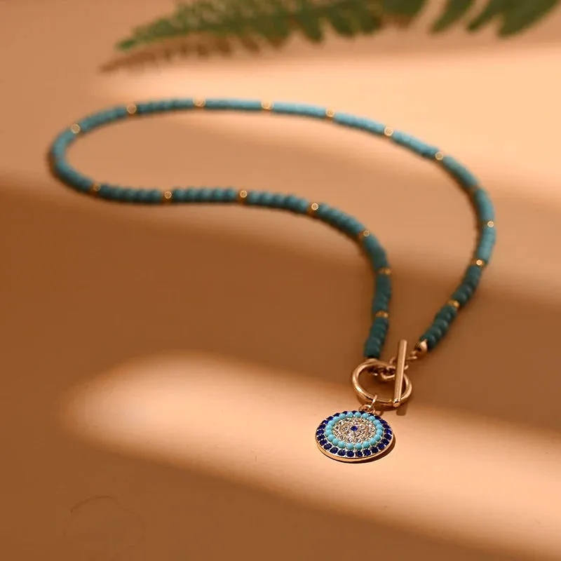 4mm Colorful Stone Choker Necklace for Women Round Evil Charm Pendant Necklace Fashion New Daily Jewelry