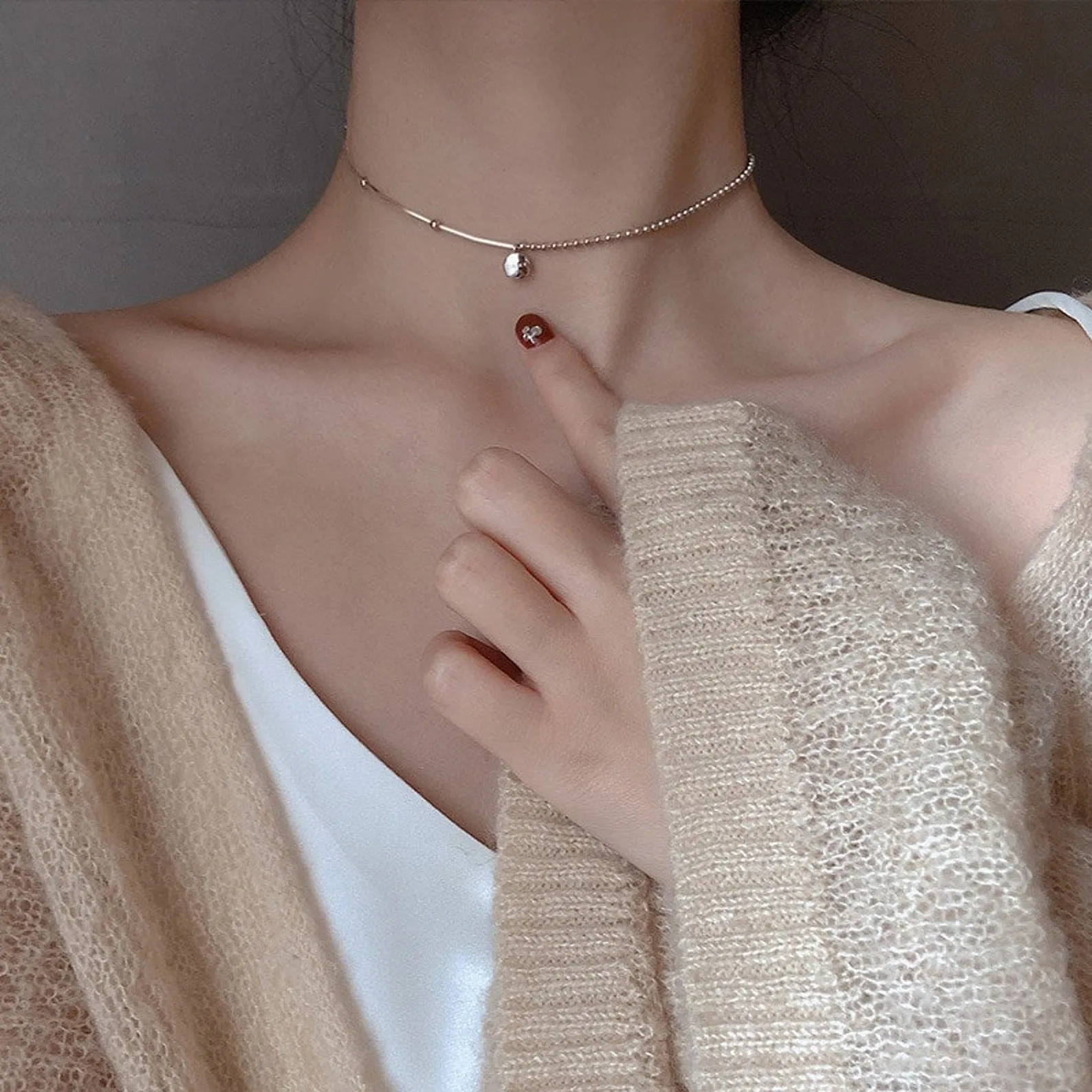 925 Sterling Silver Lucky Charm Minimalist Dainty Dangle Choker Necklace