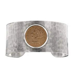 Antique Coin Set in Sterling Silver Hammered Cuff Bracelet