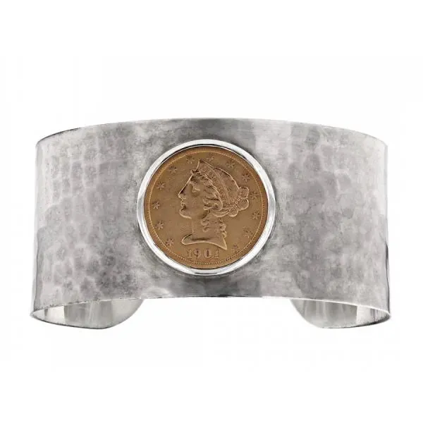 Antique Coin Set in Sterling Silver Hammered Cuff Bracelet