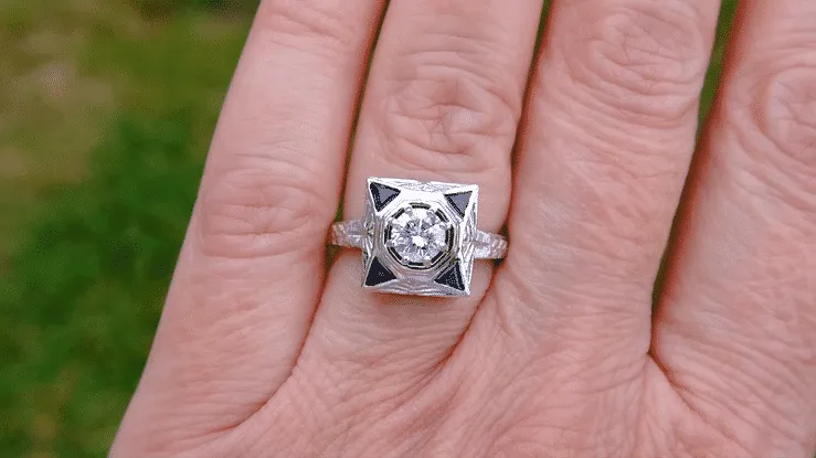 Art Deco Filigree Triangle Sapphires 1/2 Carat Diamond Engagement Ring in 14 Karat White Gold