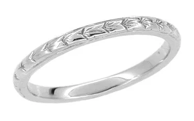 Art Deco Platinum Engraved Wheat Thin Wedding Band - 2mm Wide