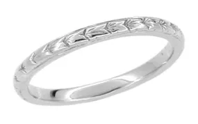 Art Deco Platinum Engraved Wheat Thin Wedding Band - 2mm Wide
