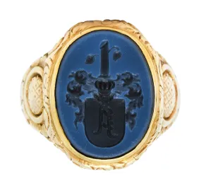 Art Nouveau Onyx Agate 14 Karat Gold Heraldry Signet Ring