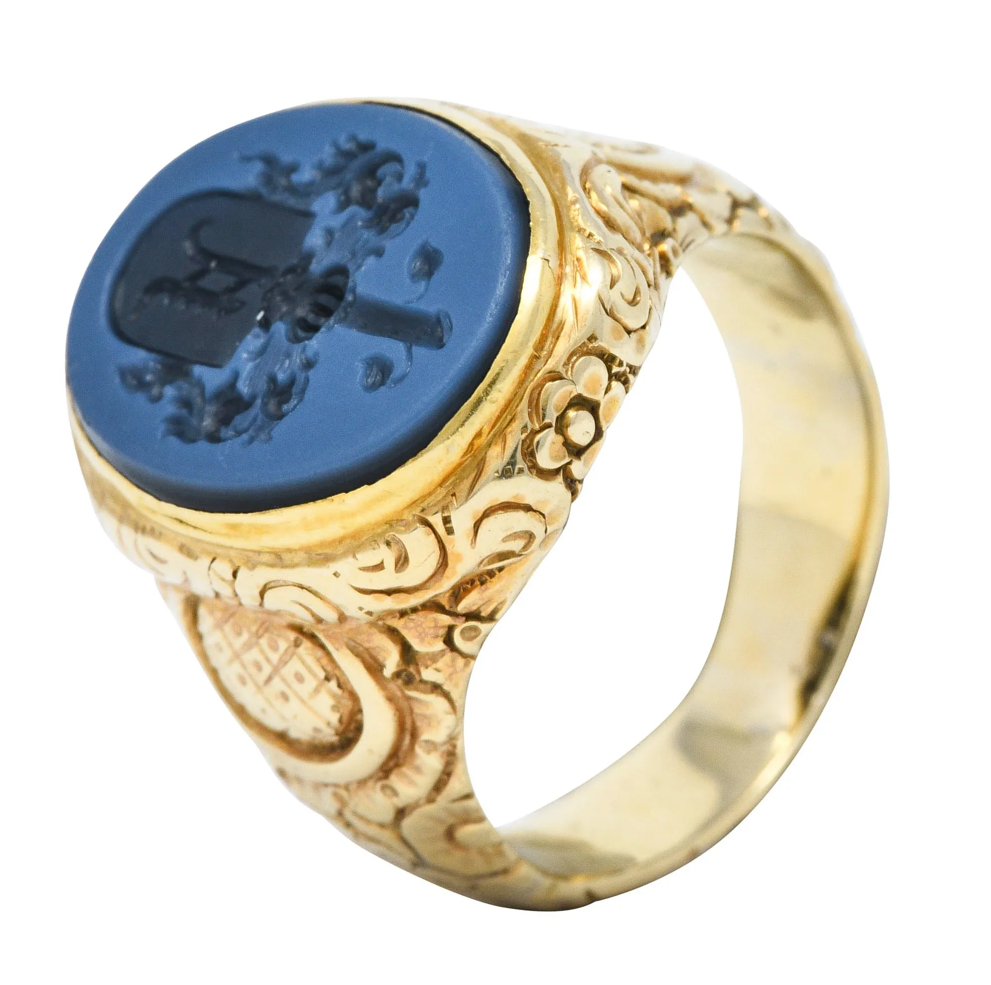 Art Nouveau Onyx Agate 14 Karat Gold Heraldry Signet Ring