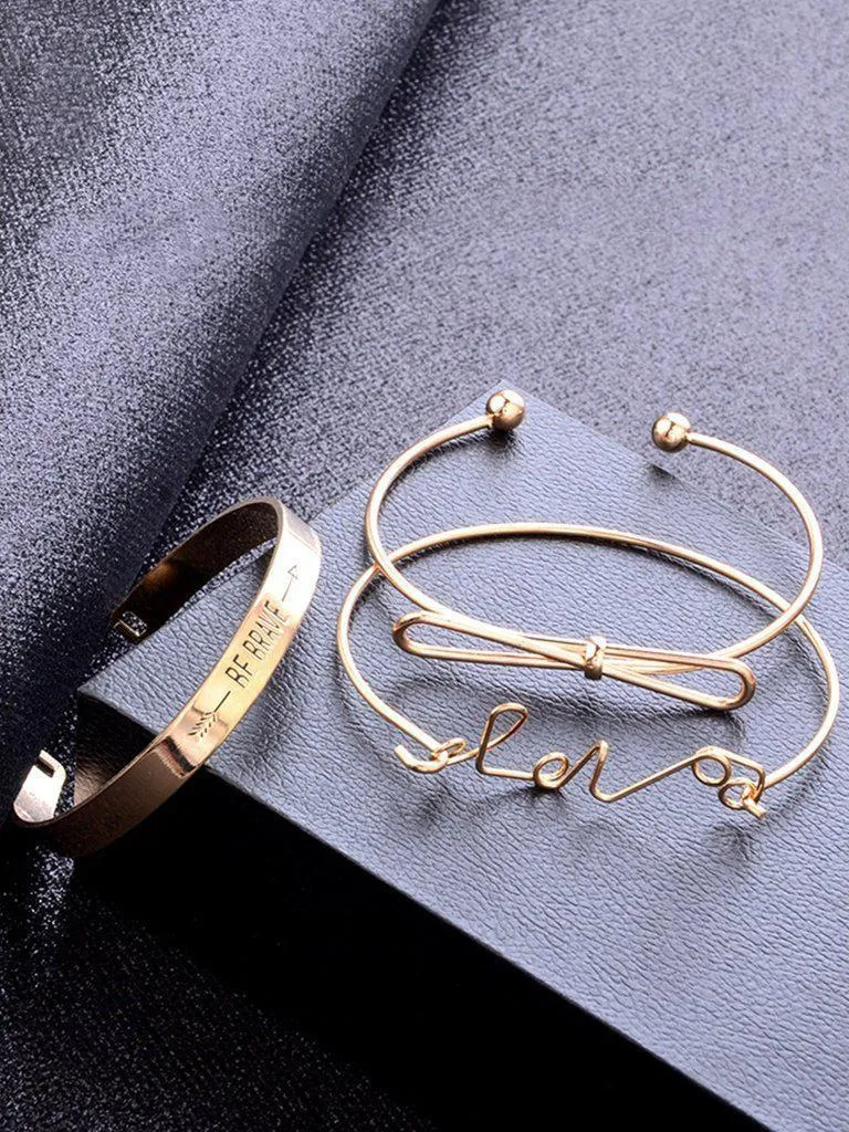 Bow & Letter Detail Bracelets Set 3pcs