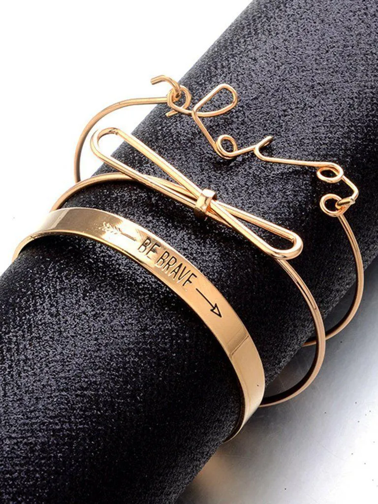 Bow & Letter Detail Bracelets Set 3pcs