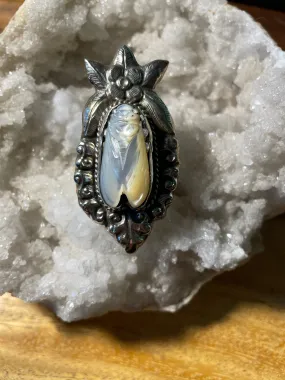 Cicada Carved in Pearl Adjustable Ornate Ring