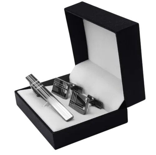 Classic Square Black Laser Stripe Cufflinks Tie Clips Set
