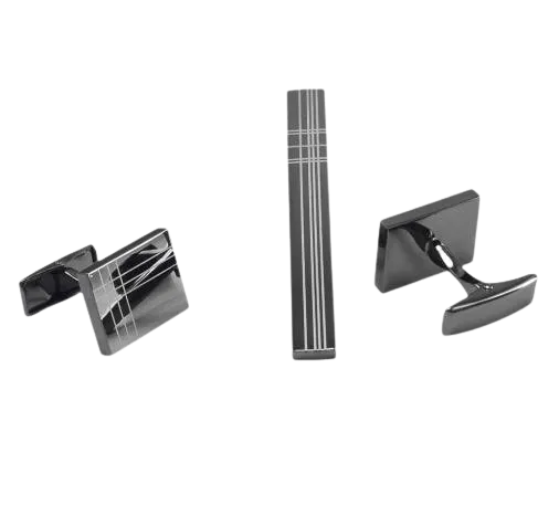 Classic Square Black Laser Stripe Cufflinks Tie Clips Set