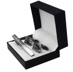 Classic Square Black Laser Stripe Cufflinks Tie Clips Set