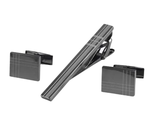 Classic Square Black Laser Stripe Cufflinks Tie Clips Set