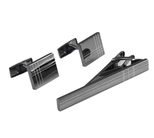 Classic Square Black Laser Stripe Cufflinks Tie Clips Set