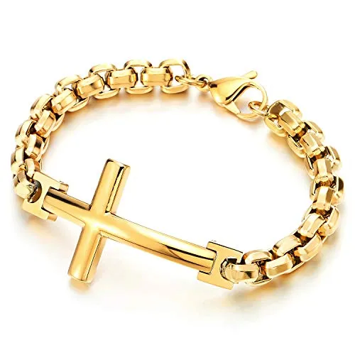 COOLSTEELANDBEYOND Mens Womens Stainless Steel Horizontal Sideway Lateral Cross Link Chain Bangle Bracelet, Polished