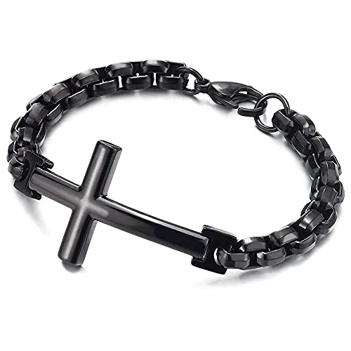 COOLSTEELANDBEYOND Mens Womens Stainless Steel Horizontal Sideway Lateral Cross Link Chain Bangle Bracelet, Polished