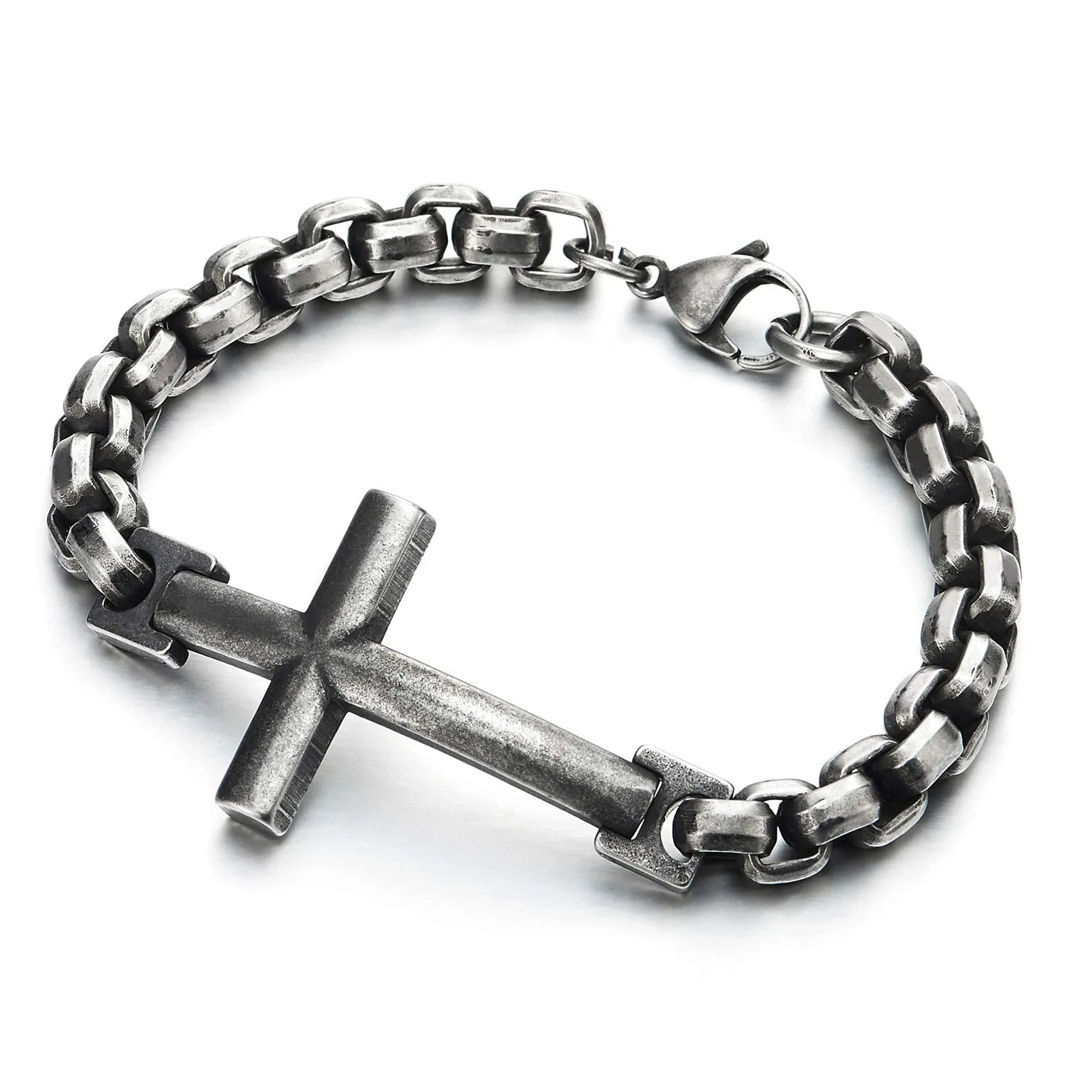COOLSTEELANDBEYOND Mens Womens Stainless Steel Horizontal Sideway Lateral Cross Link Chain Bangle Bracelet, Polished