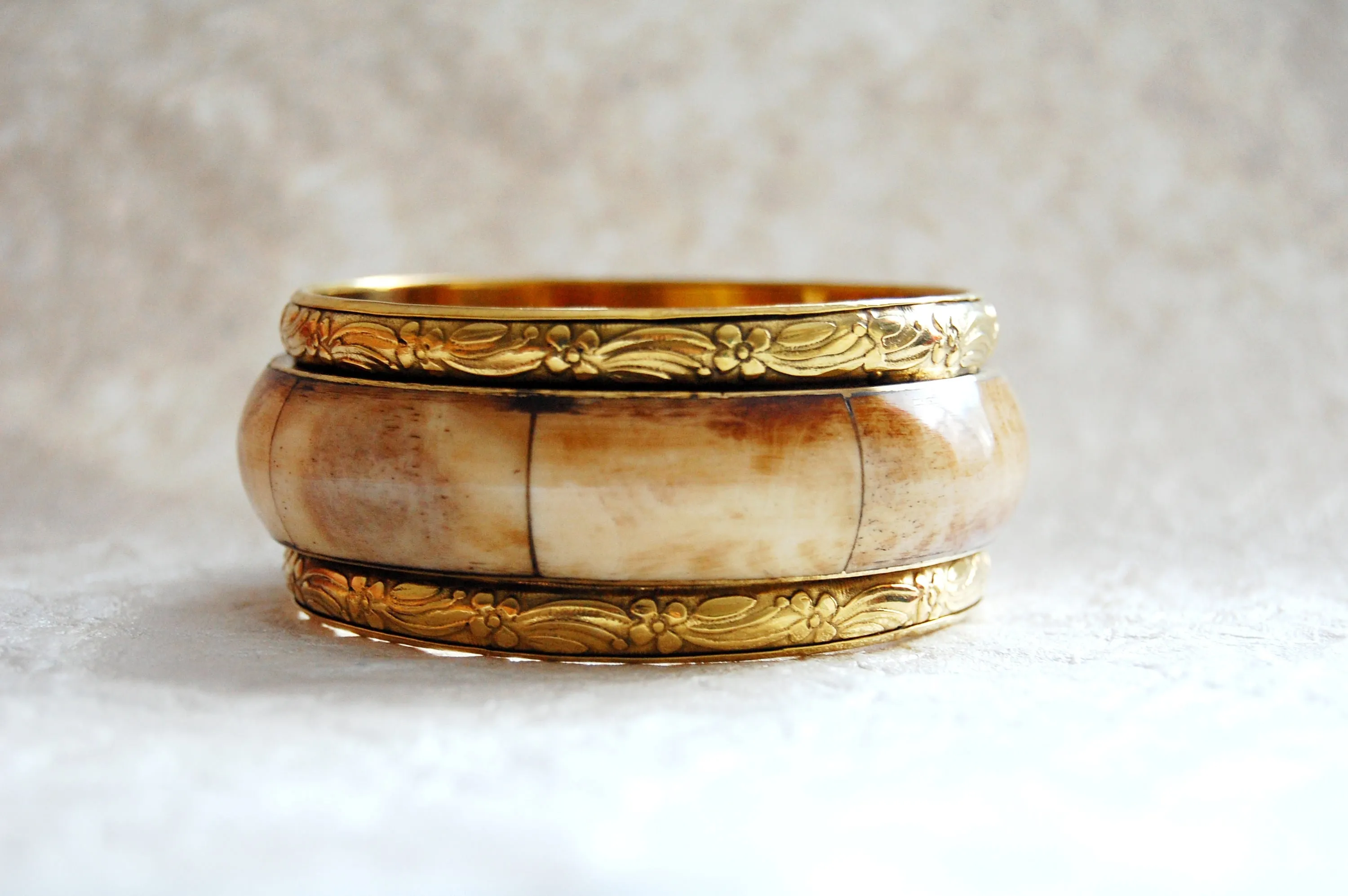 Cream Burgundy Brown Bone & Solid Brass Stacking Bangle Bracelet Boho Style, ZL031711