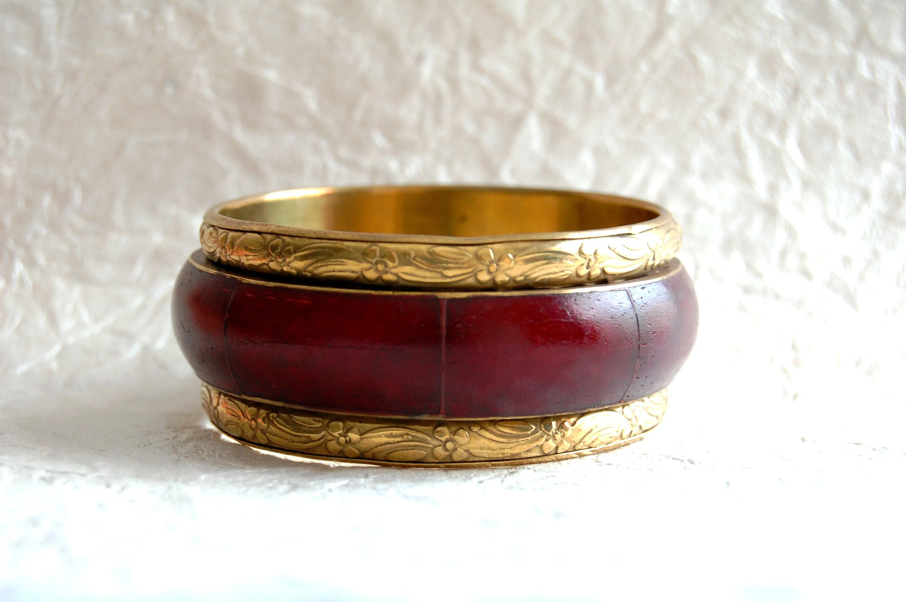 Cream Burgundy Brown Bone & Solid Brass Stacking Bangle Bracelet Boho Style, ZL031711